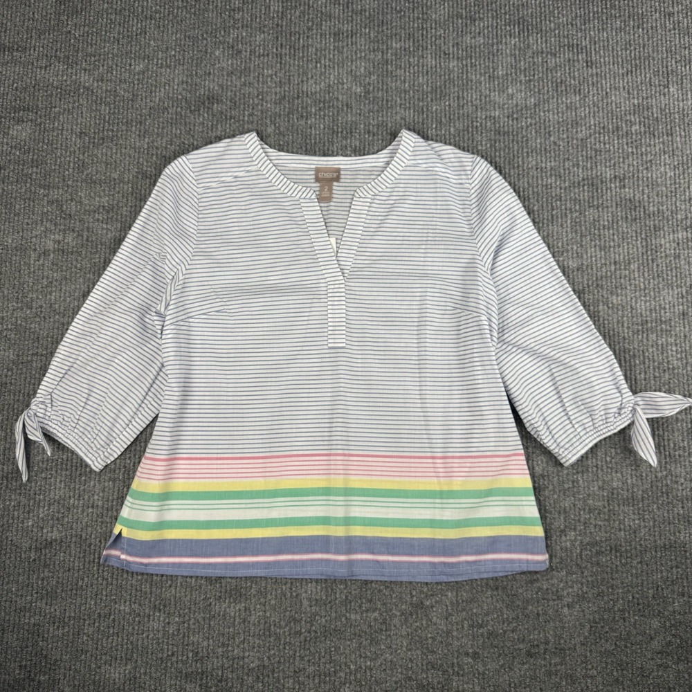 Chicos Blouse Womens 2/L Multi Stripe Tie Sleeve Cotton Preppy Coastal Picnic